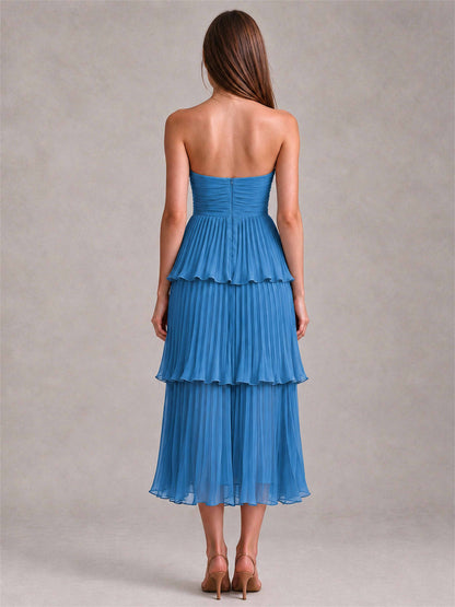 Elegant Strapless A-Line Pleated Tiered Midi-Length Wedding Guest Dress