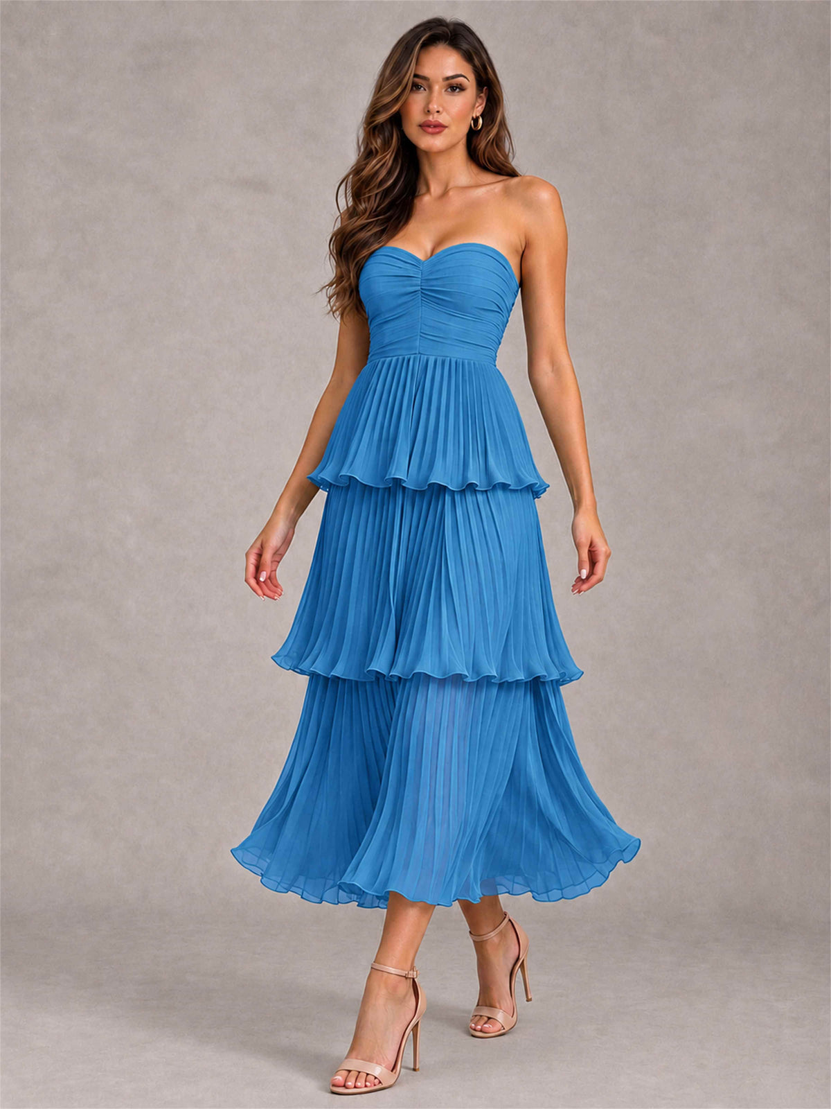 Elegant Strapless A-Line Pleated Tiered Midi-Length Wedding Guest Dress