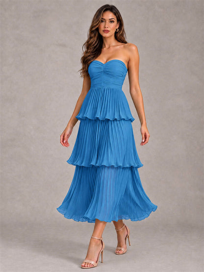 Elegant Strapless A-Line Pleated Tiered Midi-Length Wedding Guest Dress