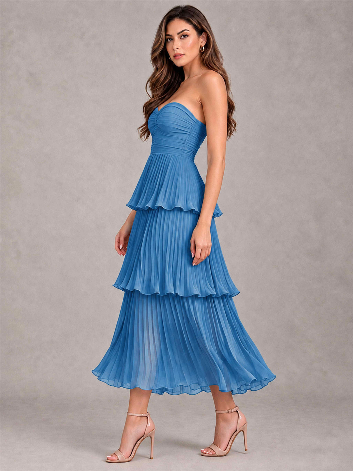 Elegant Strapless A-Line Pleated Tiered Midi-Length Wedding Guest Dress