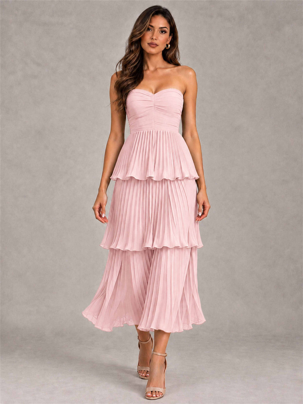 Elegant Strapless A-Line Pleated Tiered Midi-Length Wedding Guest Dress