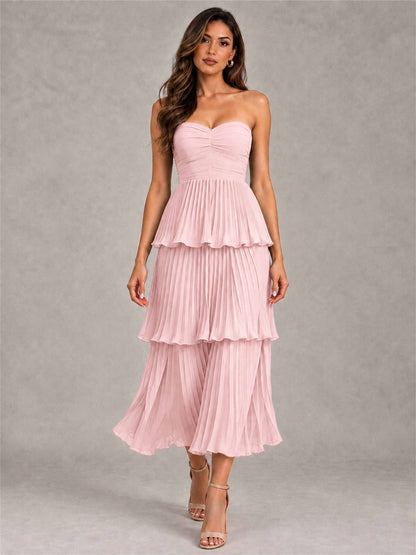 Elegant Strapless A-Line Pleated Tiered Midi-Length Wedding Guest Dress