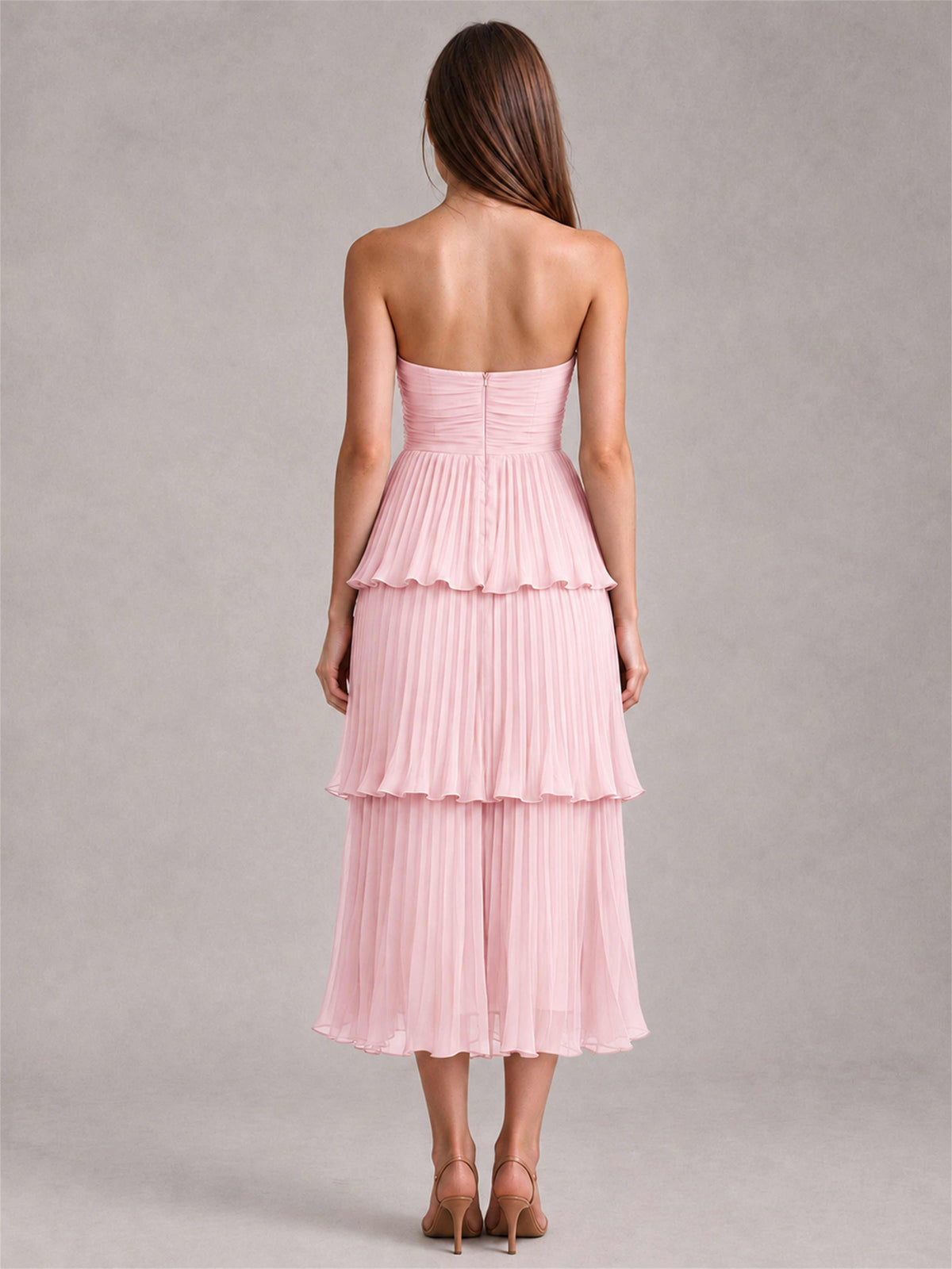 Elegant Strapless A-Line Pleated Tiered Midi-Length Wedding Guest Dress