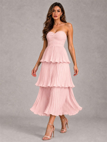 Elegant Strapless A-Line Pleated Tiered Midi-Length Wedding Guest Dress