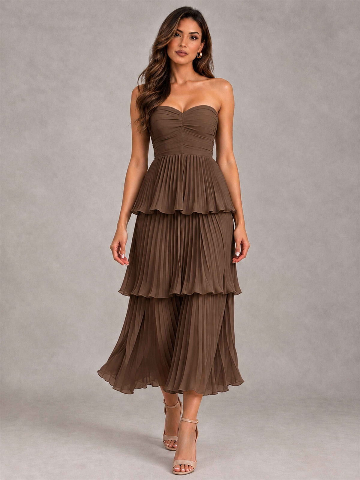 Elegant Strapless A-Line Pleated Tiered Midi-Length Wedding Guest Dress