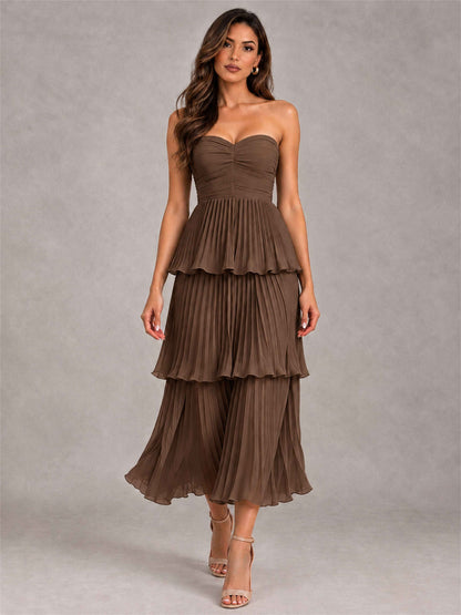 Elegant Strapless A-Line Pleated Tiered Midi-Length Wedding Guest Dress