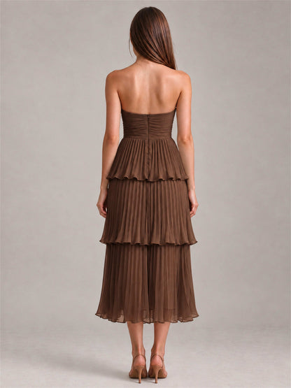 Elegant Strapless A-Line Pleated Tiered Midi-Length Wedding Guest Dress