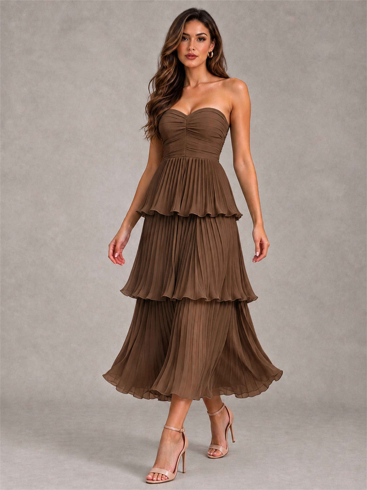 Elegant Strapless A-Line Pleated Tiered Midi-Length Wedding Guest Dress