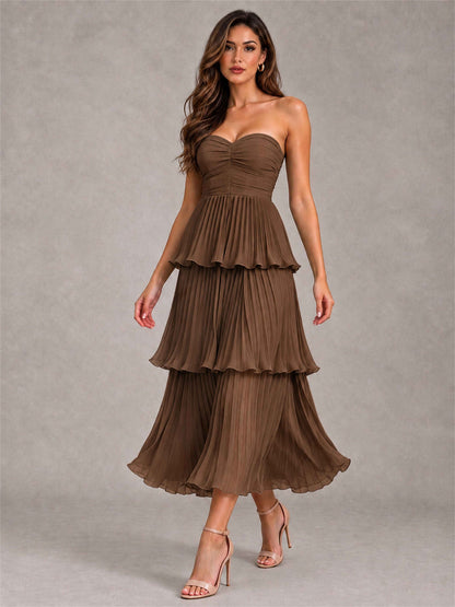 Elegant Strapless A-Line Pleated Tiered Midi-Length Wedding Guest Dress