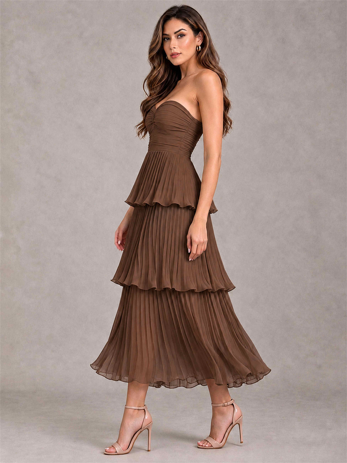 Elegant Strapless A-Line Pleated Tiered Midi-Length Wedding Guest Dress