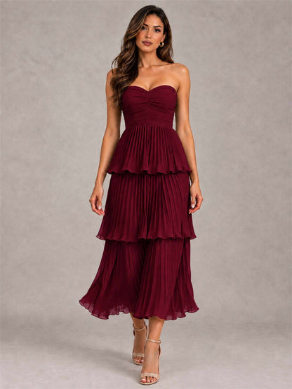 Elegant Strapless A-Line Pleated Tiered Midi-Length Wedding Guest Dress