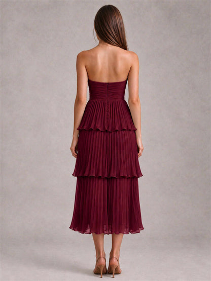 Elegant Strapless A-Line Pleated Tiered Midi-Length Wedding Guest Dress