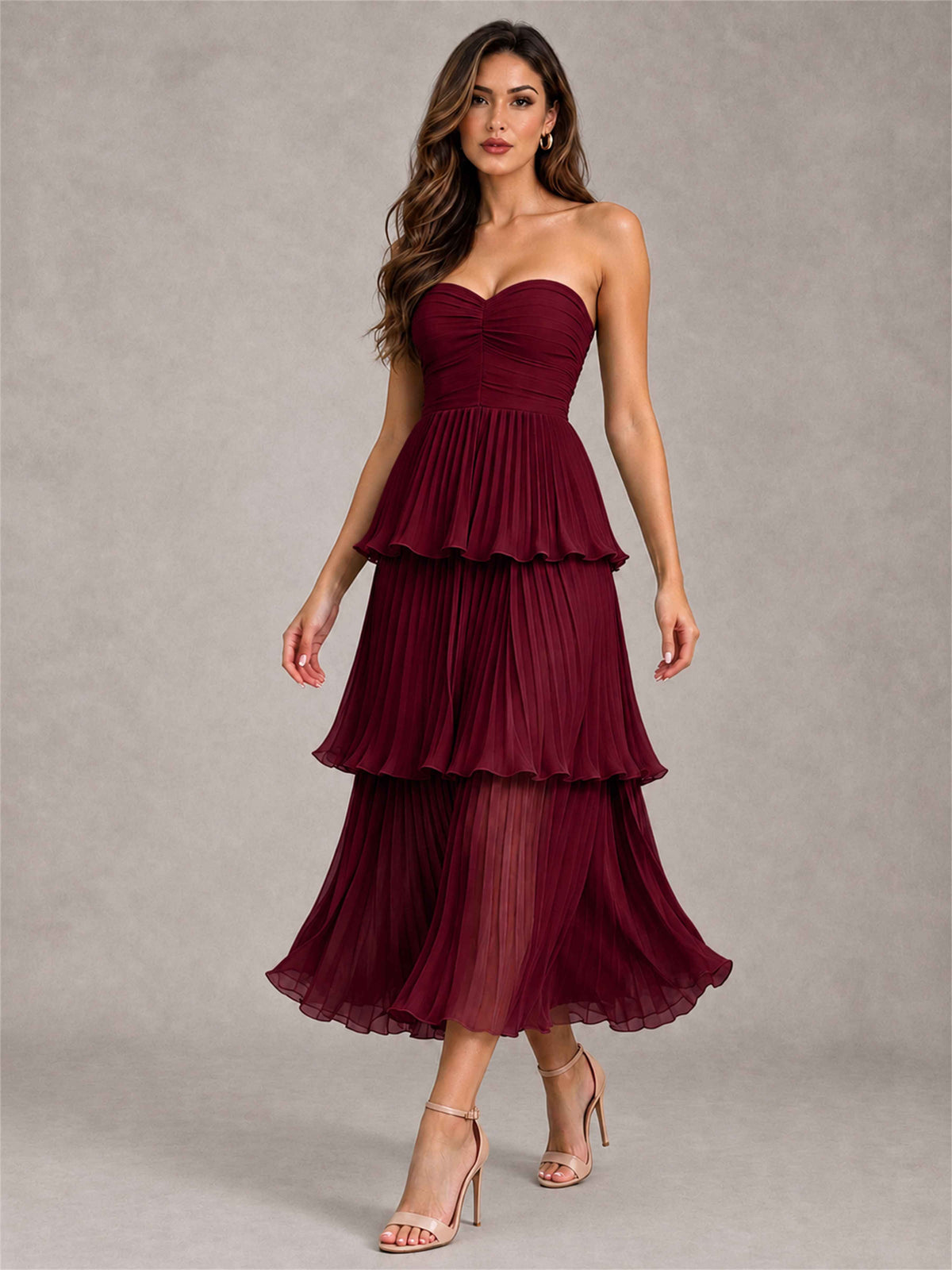 Elegant Strapless A-Line Pleated Tiered Midi-Length Wedding Guest Dress