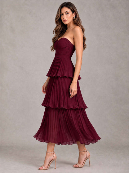 Elegant Strapless A-Line Pleated Tiered Midi-Length Wedding Guest Dress