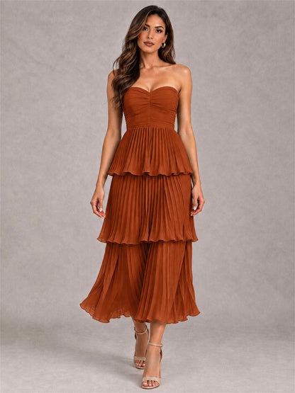 Elegant Strapless A-Line Pleated Tiered Midi-Length Wedding Guest Dress