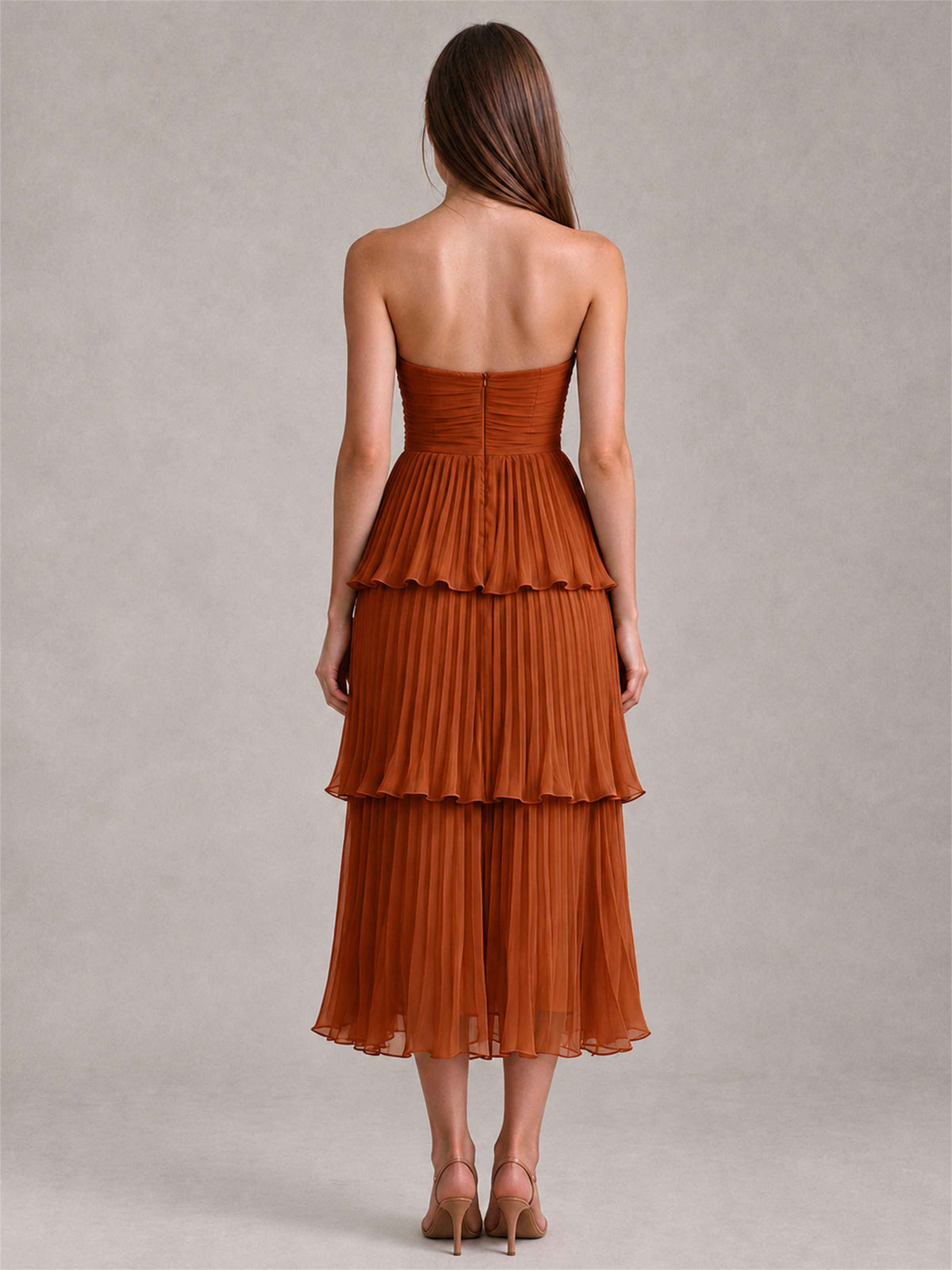Elegant Strapless A-Line Pleated Tiered Midi-Length Wedding Guest Dress