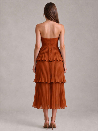 Elegant Strapless A-Line Pleated Tiered Midi-Length Wedding Guest Dress