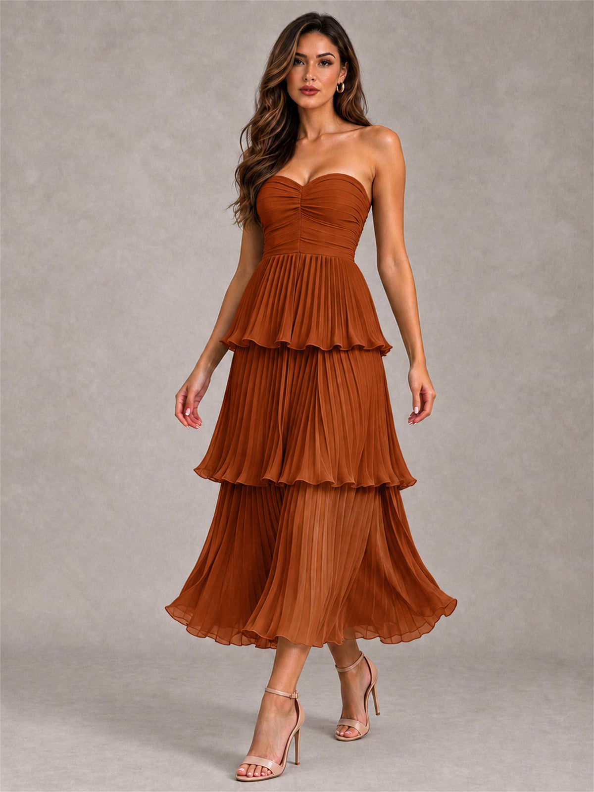 Elegant Strapless A-Line Pleated Tiered Midi-Length Wedding Guest Dress