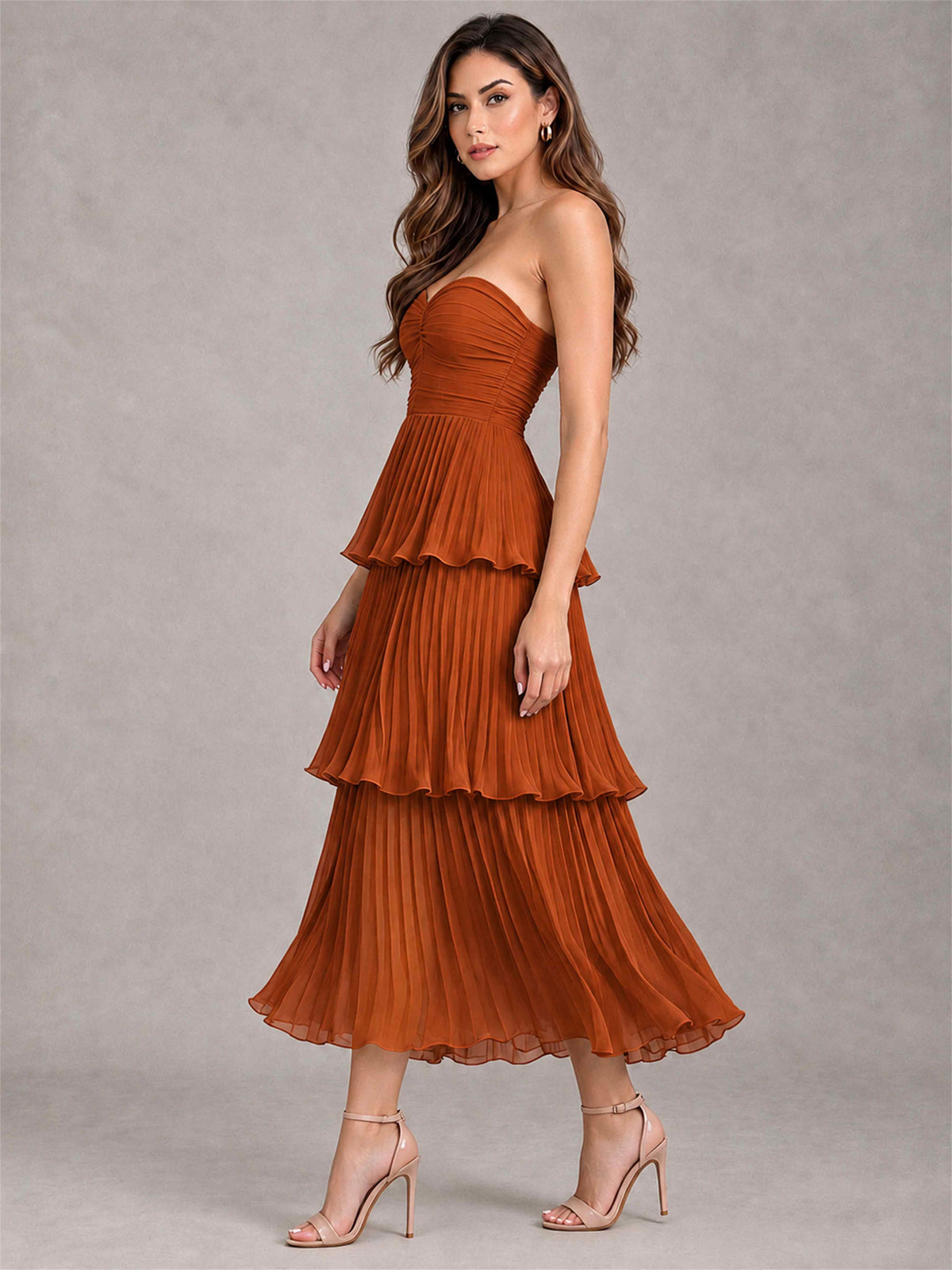 Elegant Strapless A-Line Pleated Tiered Midi-Length Wedding Guest Dress