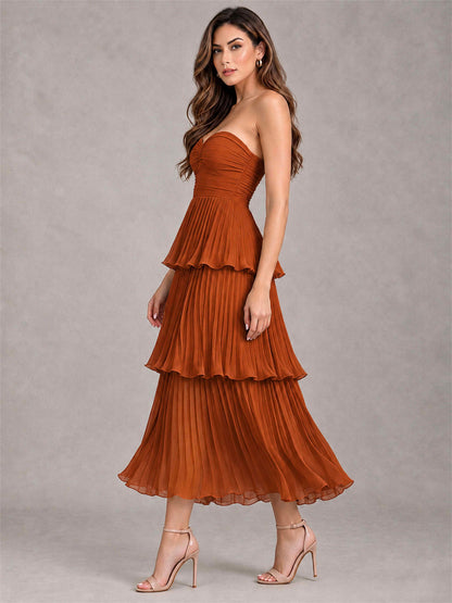 Elegant Strapless A-Line Pleated Tiered Midi-Length Wedding Guest Dress