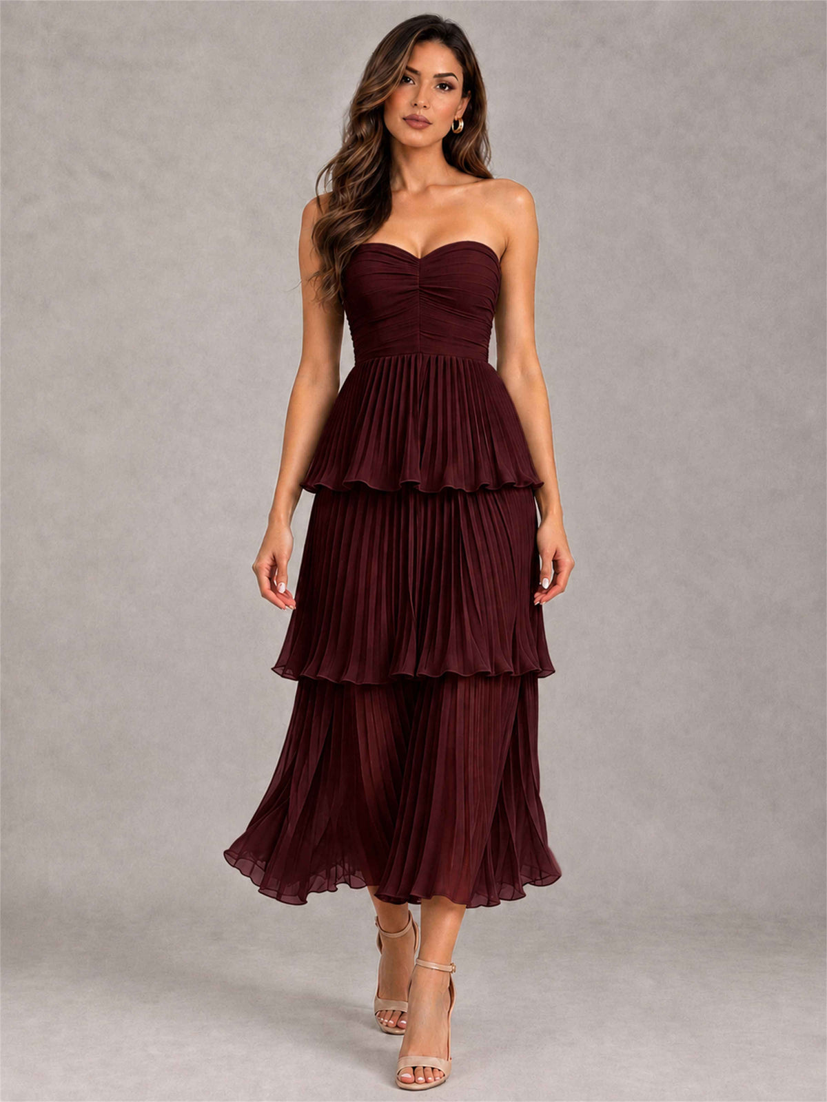 Elegant Strapless A-Line Pleated Tiered Midi-Length Wedding Guest Dress