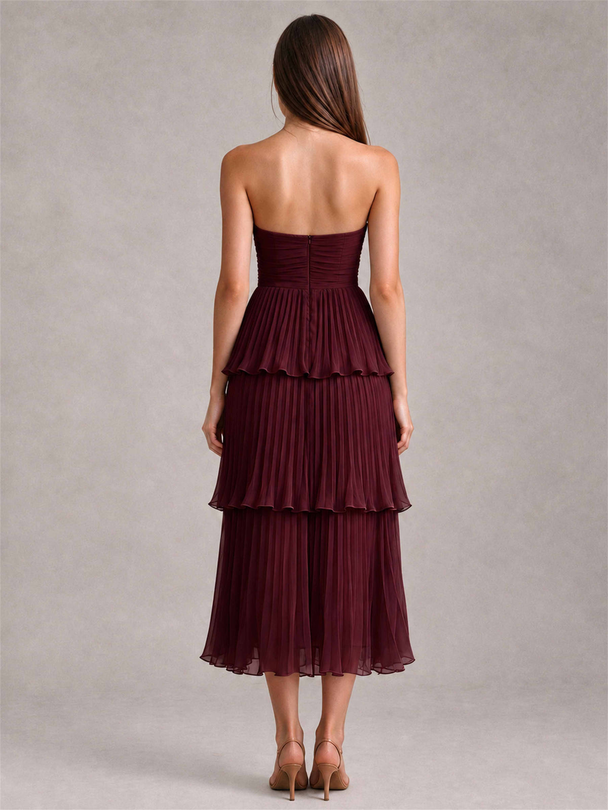 Elegant Strapless A-Line Pleated Tiered Midi-Length Wedding Guest Dress