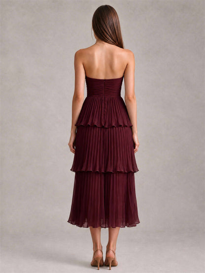 Elegant Strapless A-Line Pleated Tiered Midi-Length Wedding Guest Dress
