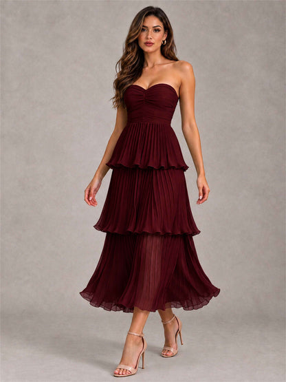 Elegant Strapless A-Line Pleated Tiered Midi-Length Wedding Guest Dress
