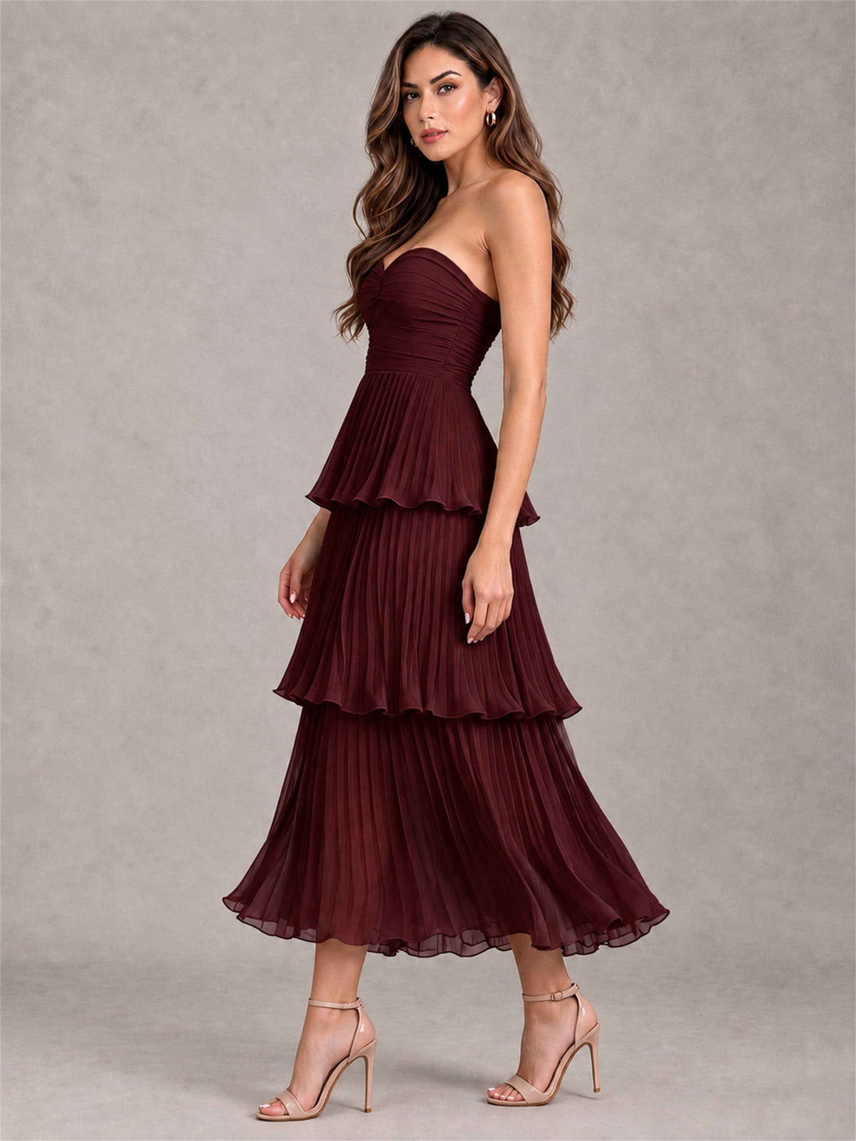 Elegant Strapless A-Line Pleated Tiered Midi-Length Wedding Guest Dress