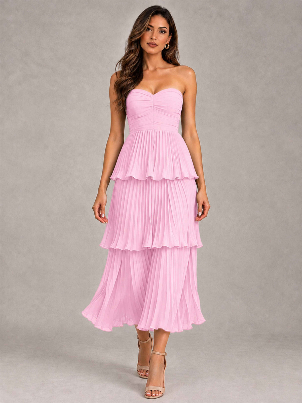 Elegant Strapless A-Line Pleated Tiered Midi-Length Wedding Guest Dress