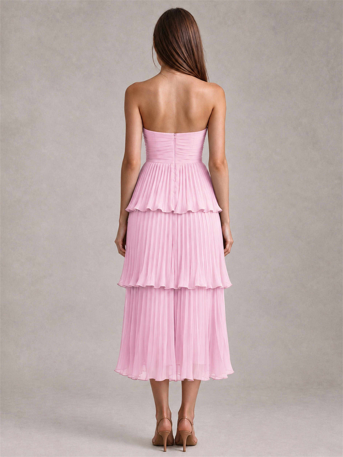 Elegant Strapless A-Line Pleated Tiered Midi-Length Wedding Guest Dress