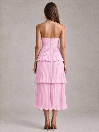 Elegant Strapless A-Line Pleated Tiered Midi-Length Wedding Guest Dress