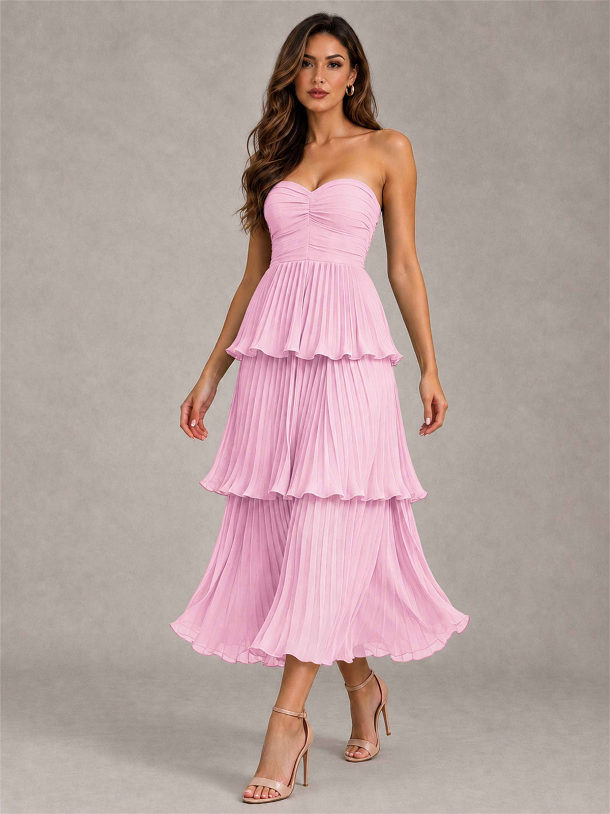 Elegant Strapless A-Line Pleated Tiered Midi-Length Wedding Guest Dress