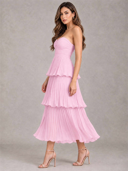 Elegant Strapless A-Line Pleated Tiered Midi-Length Wedding Guest Dress