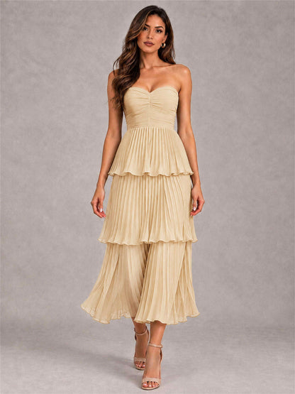 Elegant Strapless A-Line Pleated Tiered Midi-Length Wedding Guest Dress