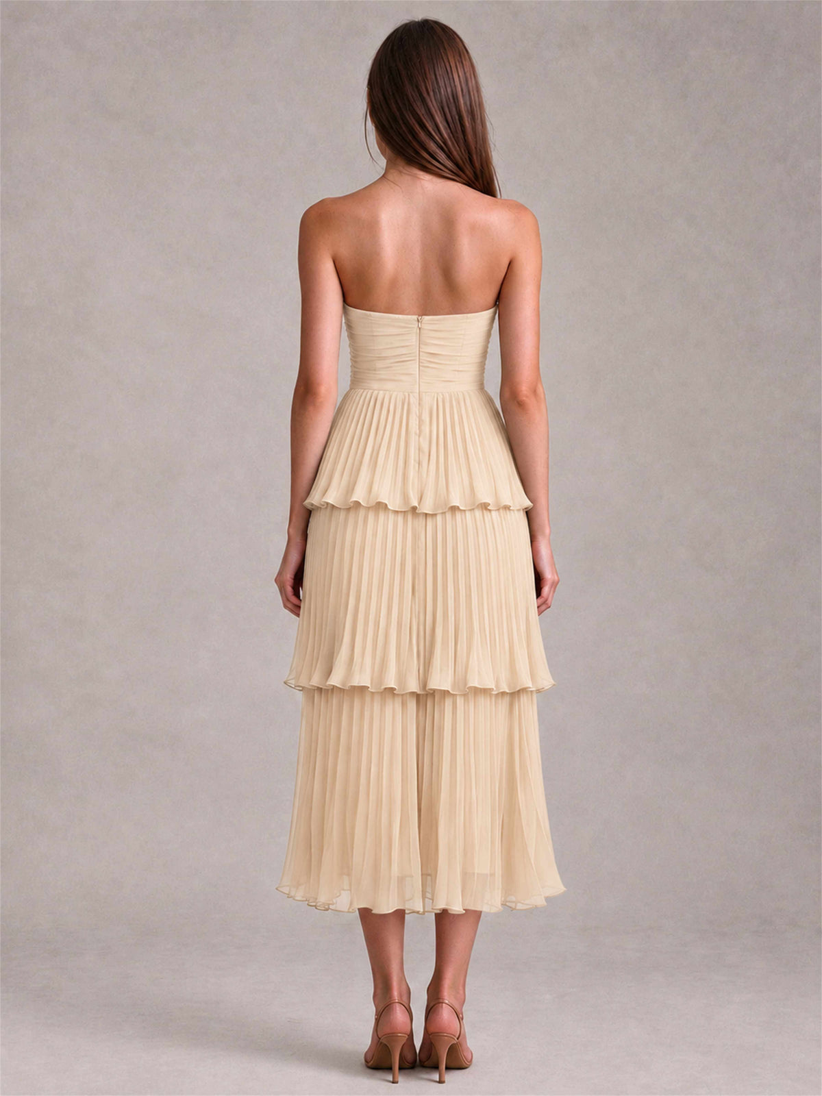Elegant Strapless A-Line Pleated Tiered Midi-Length Wedding Guest Dress