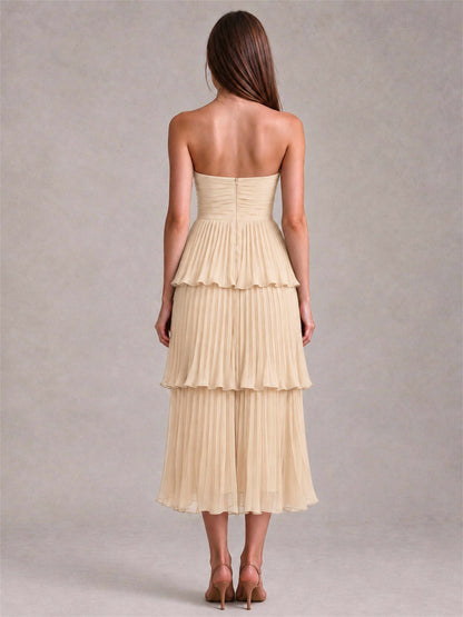 Elegant Strapless A-Line Pleated Tiered Midi-Length Wedding Guest Dress