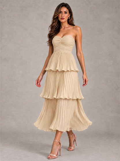 Elegant Strapless A-Line Pleated Tiered Midi-Length Wedding Guest Dress