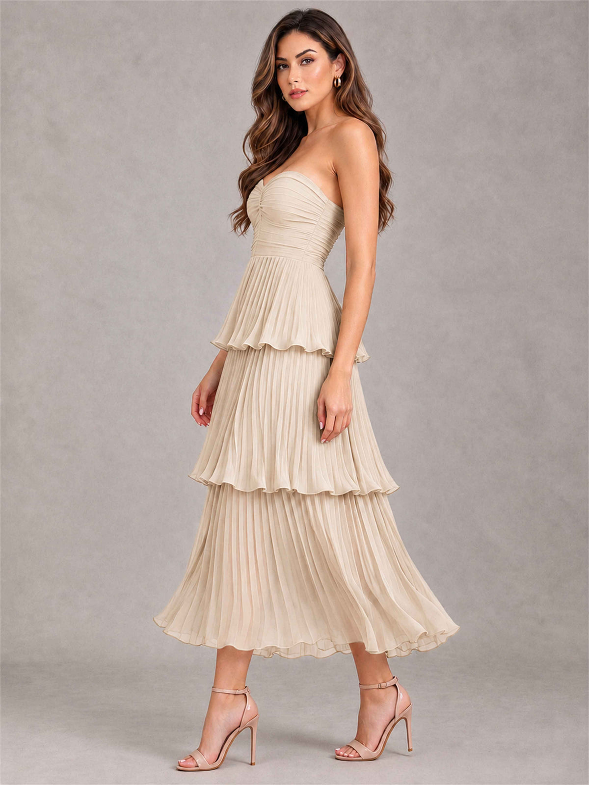 Elegant Strapless A-Line Pleated Tiered Midi-Length Wedding Guest Dress