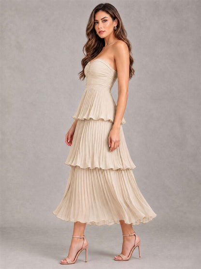 Elegant Strapless A-Line Pleated Tiered Midi-Length Wedding Guest Dress
