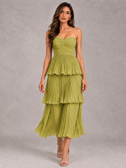 Elegant Strapless A-Line Pleated Tiered Midi-Length Wedding Guest Dress