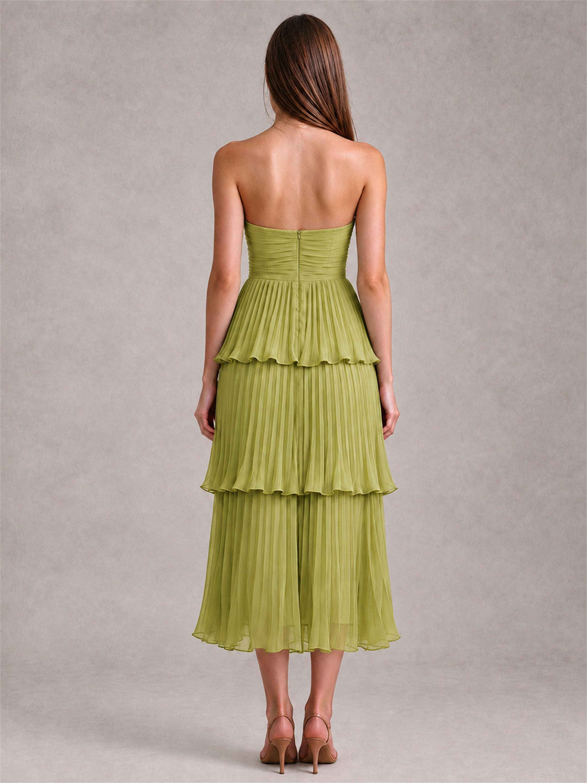 Elegant Strapless A-Line Pleated Tiered Midi-Length Wedding Guest Dress