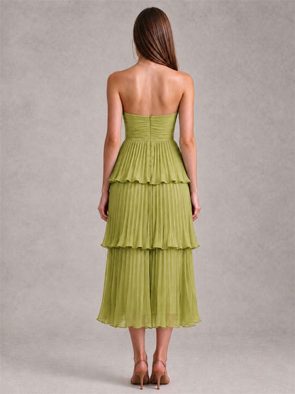 Elegant Strapless A-Line Pleated Tiered Midi-Length Wedding Guest Dress