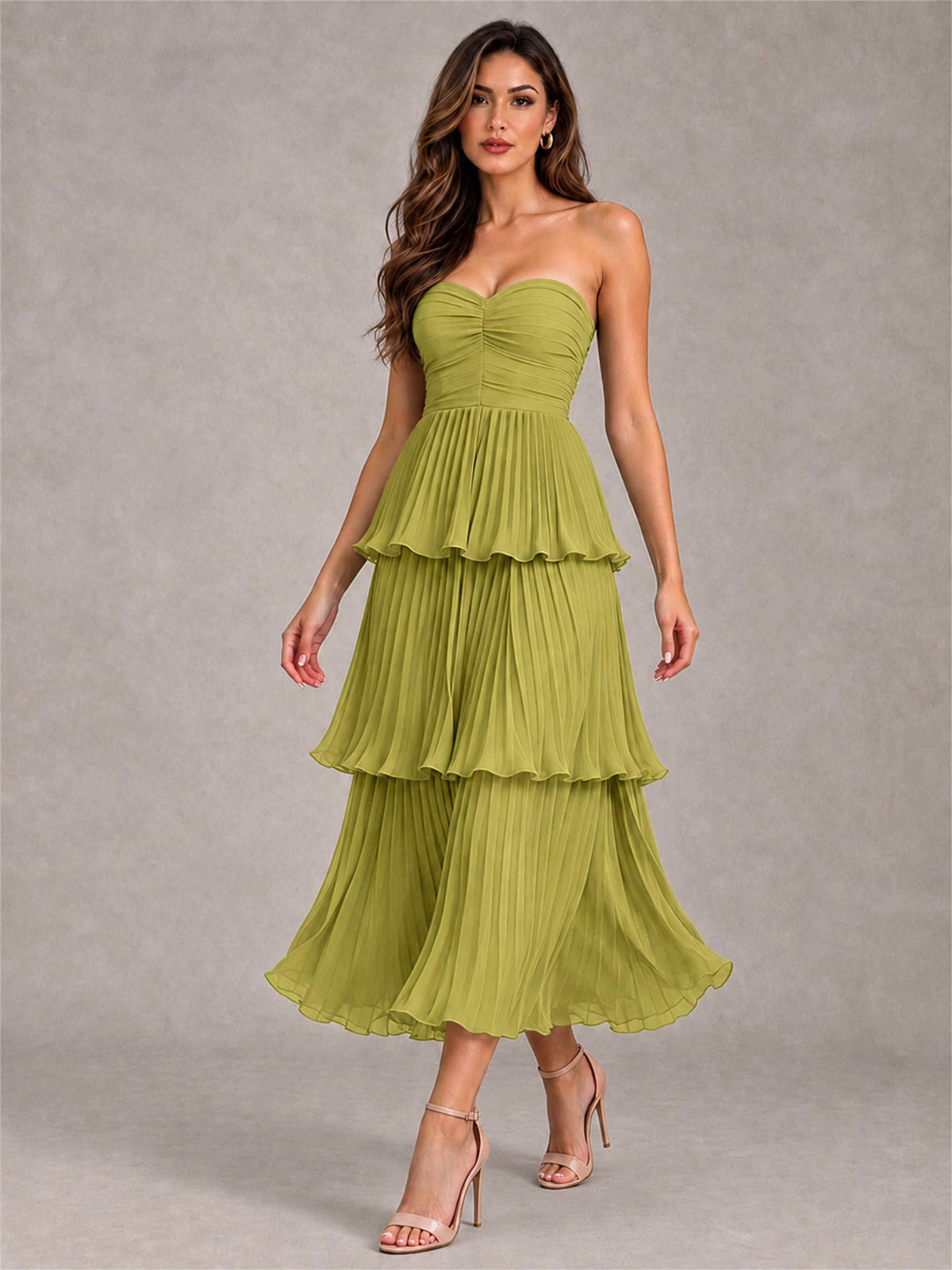 Elegant Strapless A-Line Pleated Tiered Midi-Length Wedding Guest Dress