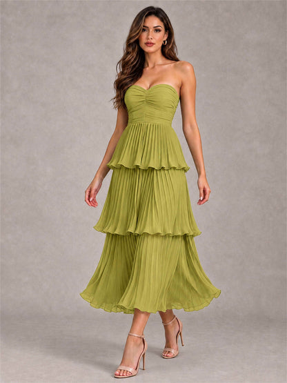Elegant Strapless A-Line Pleated Tiered Midi-Length Wedding Guest Dress