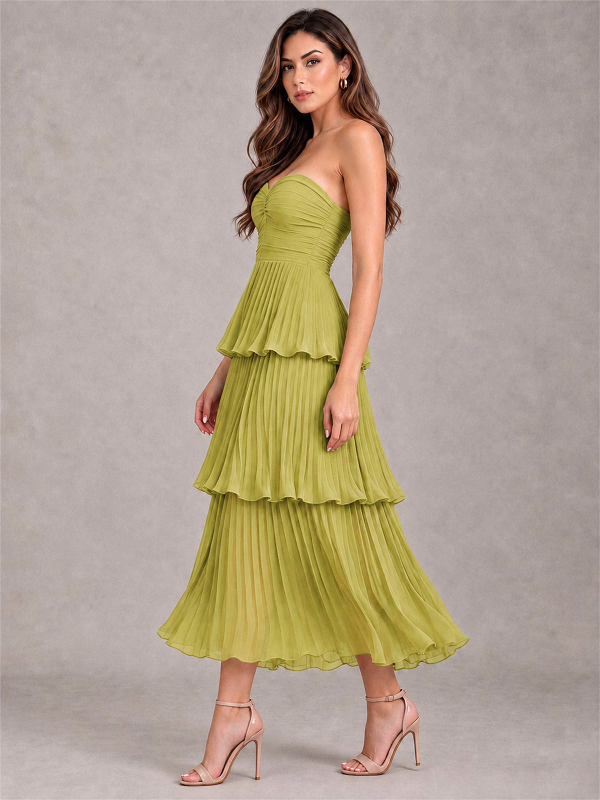 Elegant Strapless A-Line Pleated Tiered Midi-Length Wedding Guest Dress