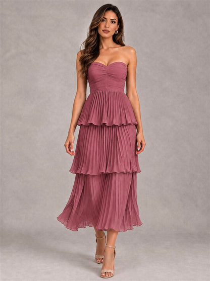 Elegant Strapless A-Line Pleated Tiered Midi-Length Wedding Guest Dress