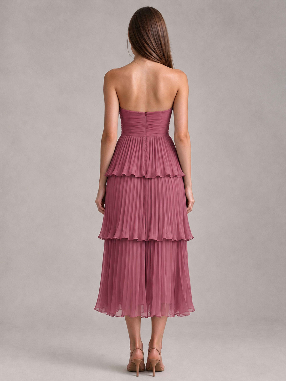 Elegant Strapless A-Line Pleated Tiered Midi-Length Wedding Guest Dress