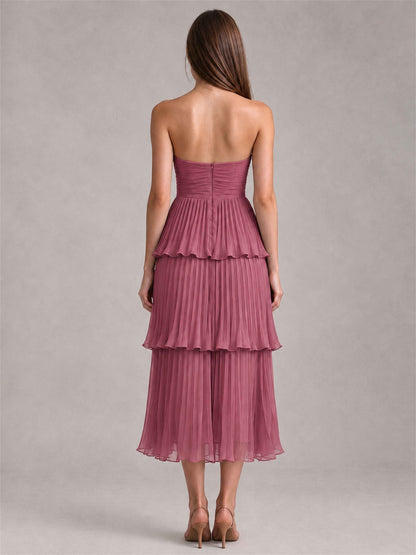 Elegant Strapless A-Line Pleated Tiered Midi-Length Wedding Guest Dress