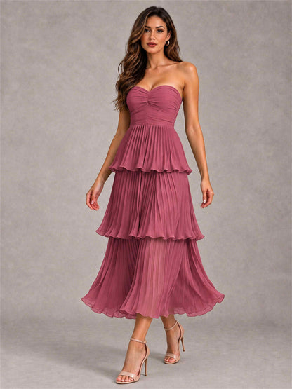 Elegant Strapless A-Line Pleated Tiered Midi-Length Wedding Guest Dress